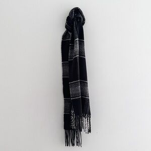 Vintage Plaid Fringe Scarf Black Charcoal And Ivory Made In Germany